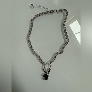 PLAYBOY Silver Chain Necklace with Black Bunny Charm